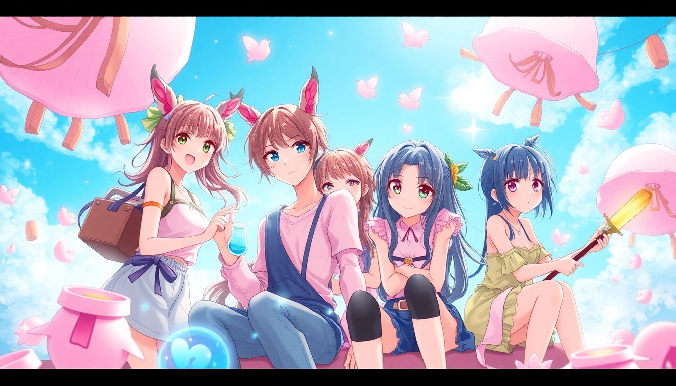 Anime sex scene featuring playful anime characters in a colorful fantasy world