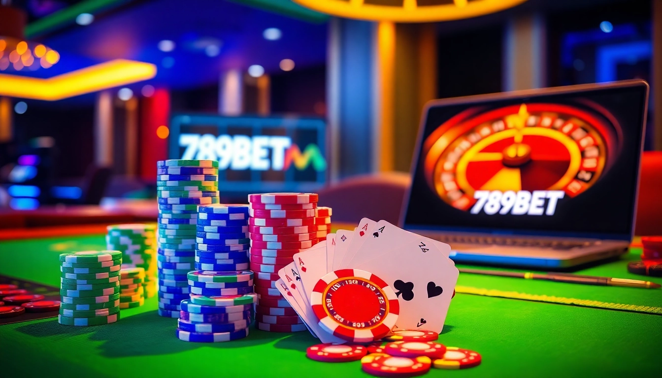 Exciting poker scene with 789BET chips and cards, showcasing a luxurious casino atmosphere.