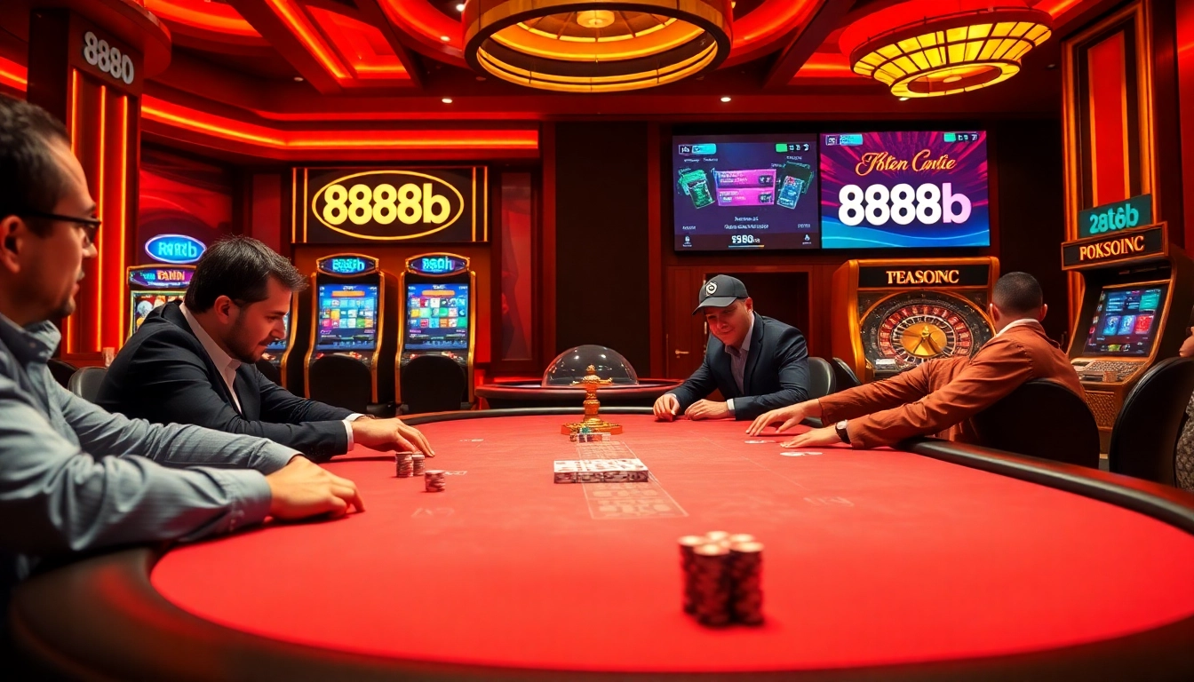 Exciting casino scene highlighting high-stakes poker and vibrant gaming elements at 888b.