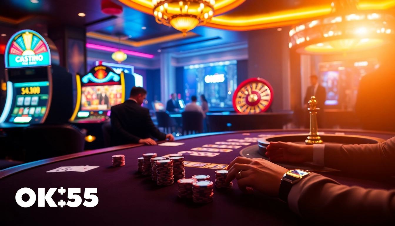 Players enjoying an exciting poker game at OK365 casino with vibrant chips and slot machines.