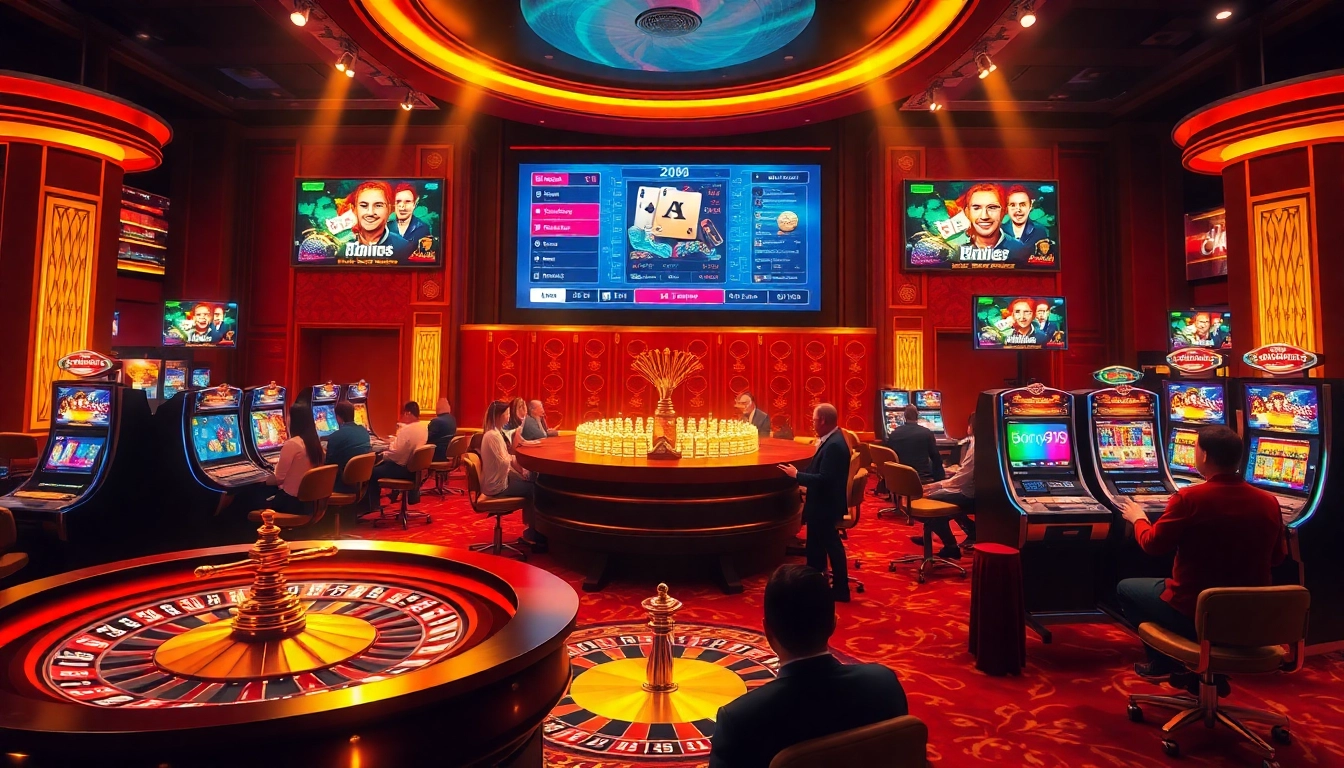 Players enjoying an exciting gaming experience at https://bong99.pro/ with casino elements like cards and a roulette wheel.
