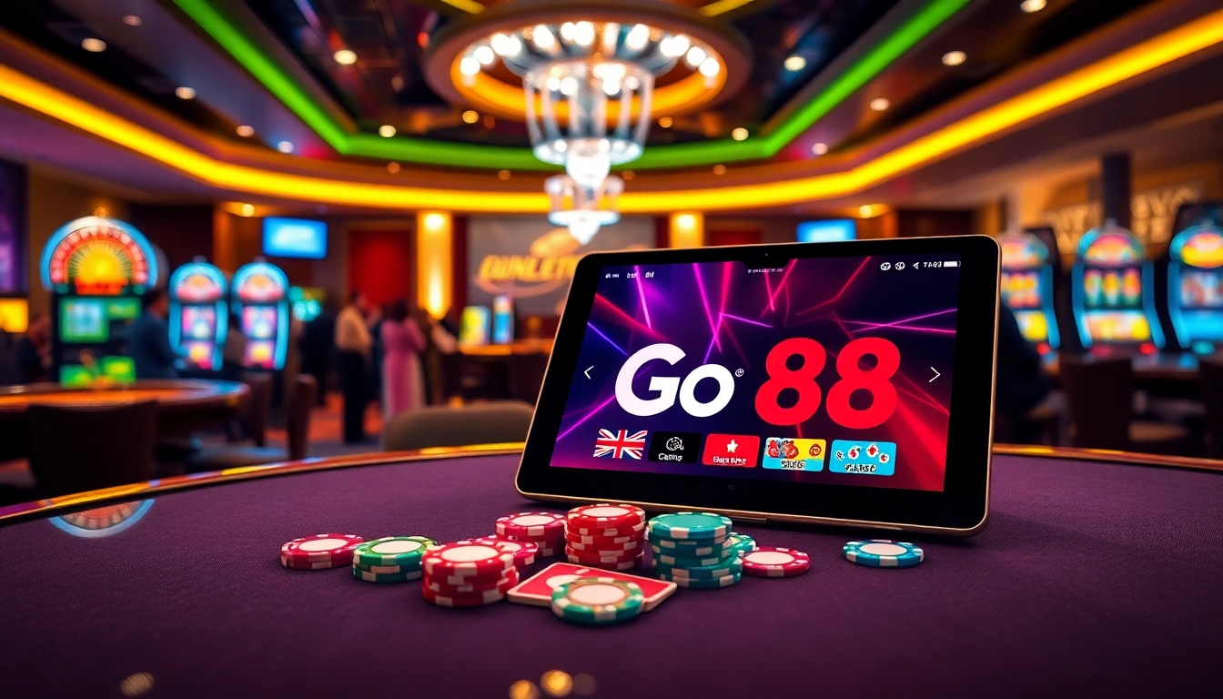 Experience the excitement of Go88 with vibrant casino games, poker chips, and roulette action.