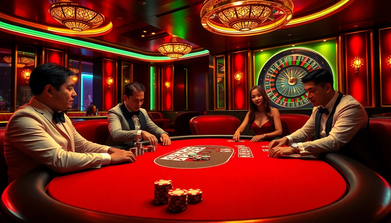Players engage in high-stakes poker at a luxurious 'vua99' casino, surrounded by vibrant lights and rich decor.