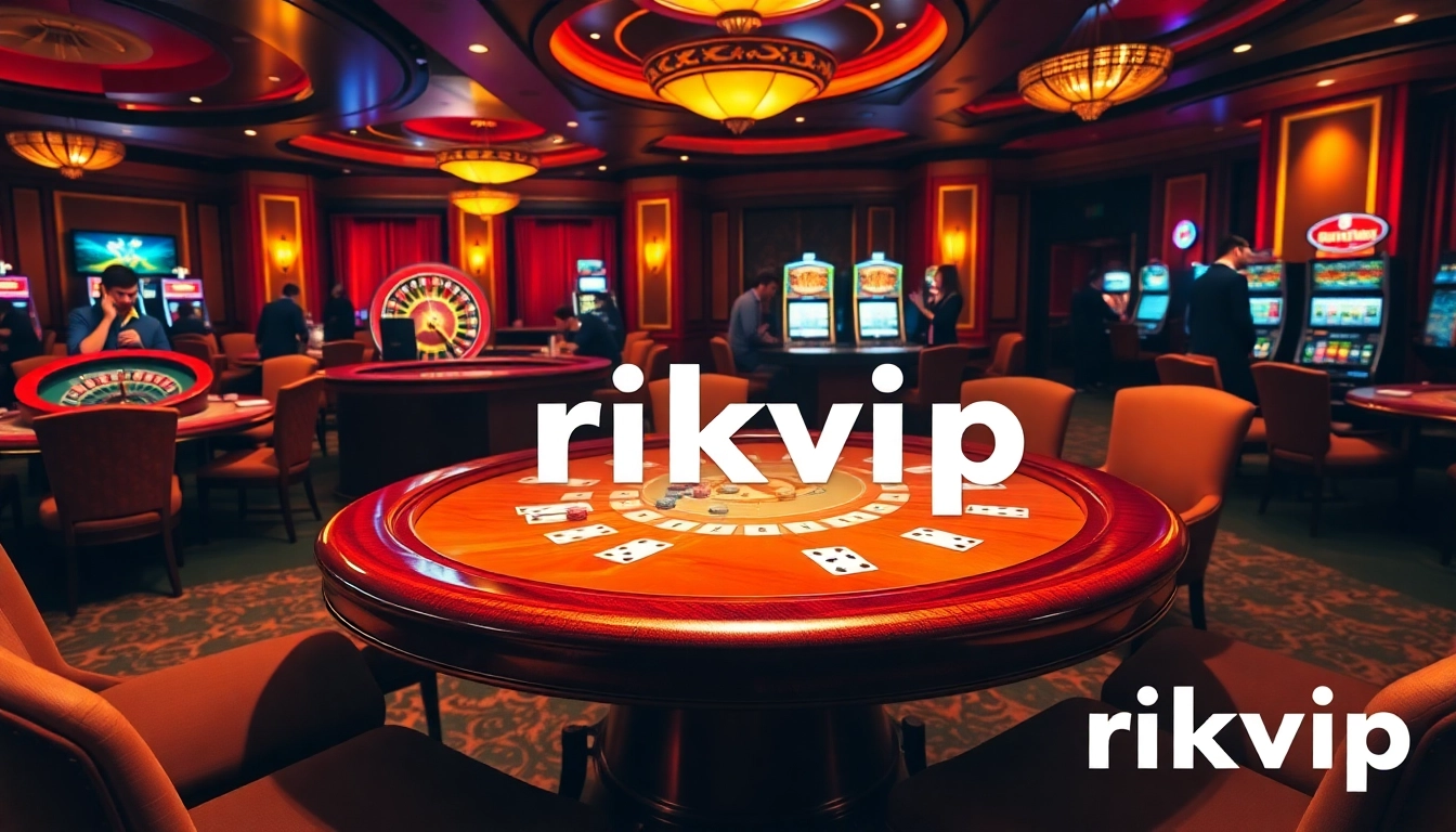 Exciting gambling scene at a luxury casino featuring rikvip poker tables, vibrant ambiance, and engaging gameplay.