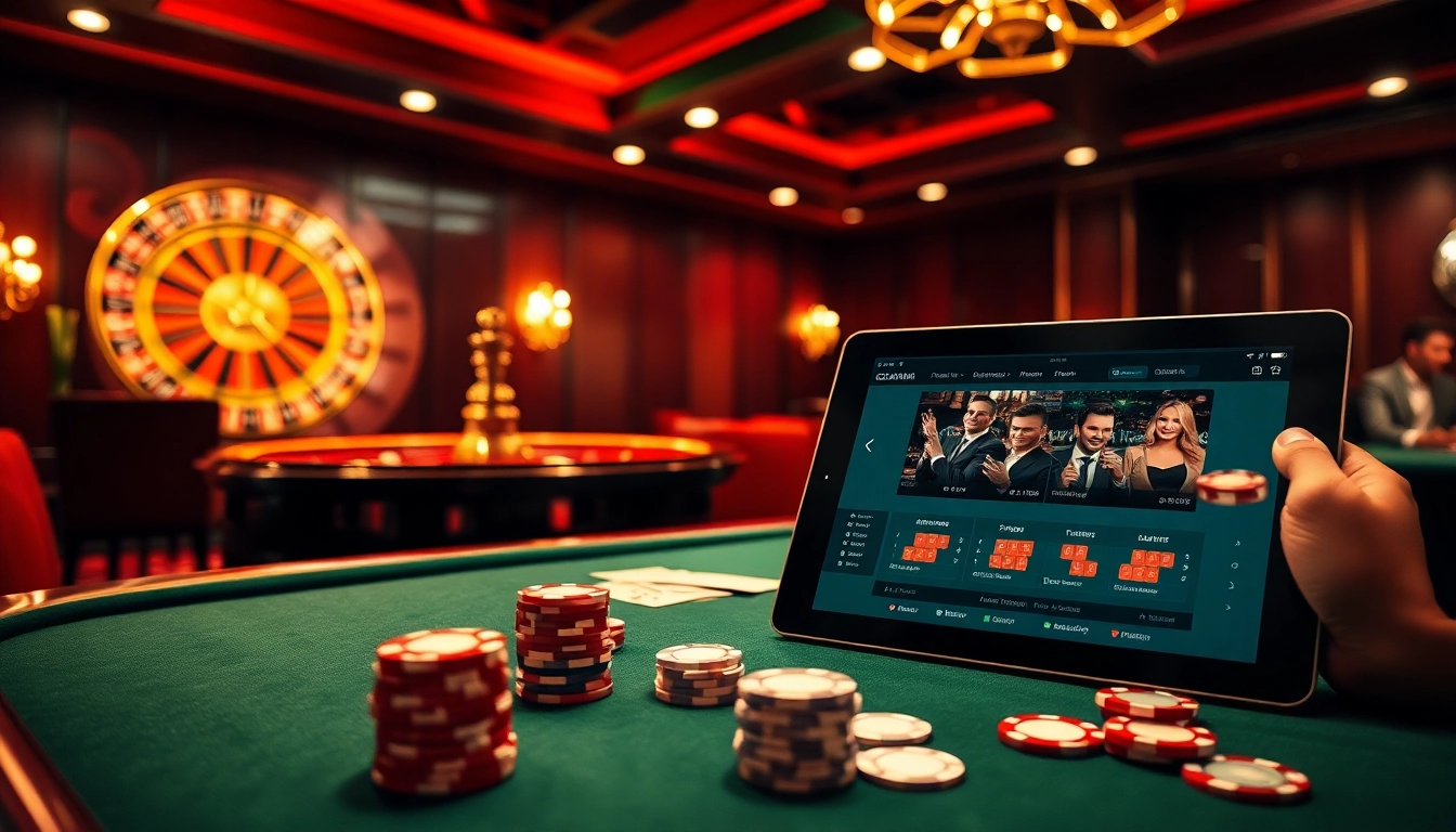 Engaging scene of a site de pari en ligne featuring a poker table and roulette wheel.