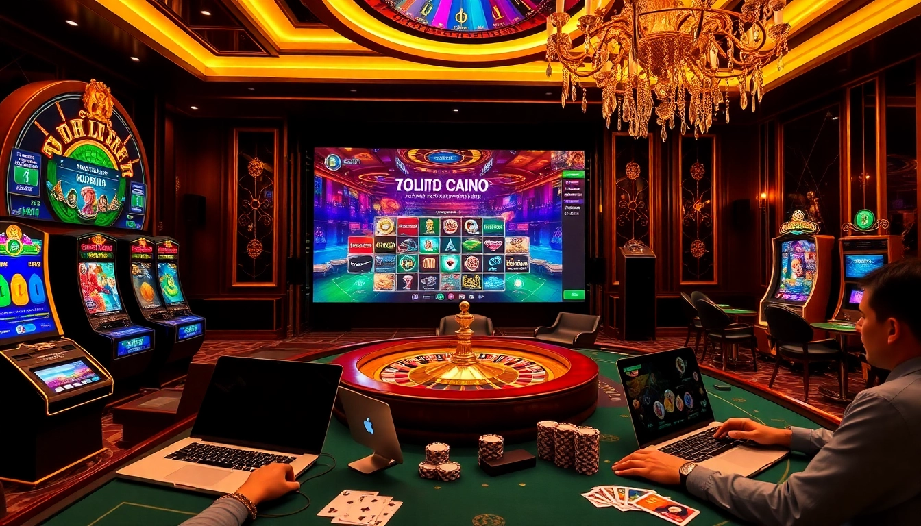 A captivating online gaming scene highlighting casino crypto en ligne with modern tables and illuminated slot machines.