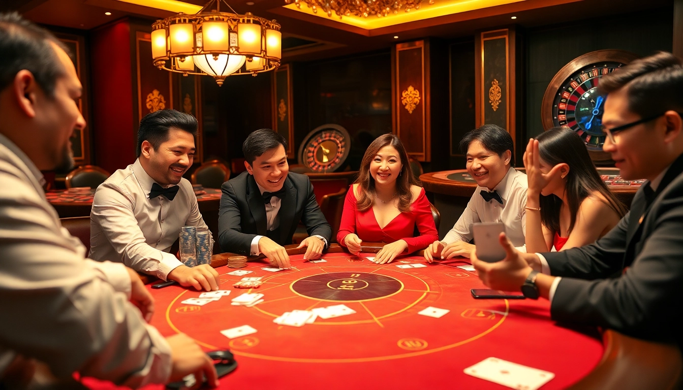 Players excitedly betting on baccarat while discussing bạch thủ lô kép strategies amid vibrant casino atmosphere.