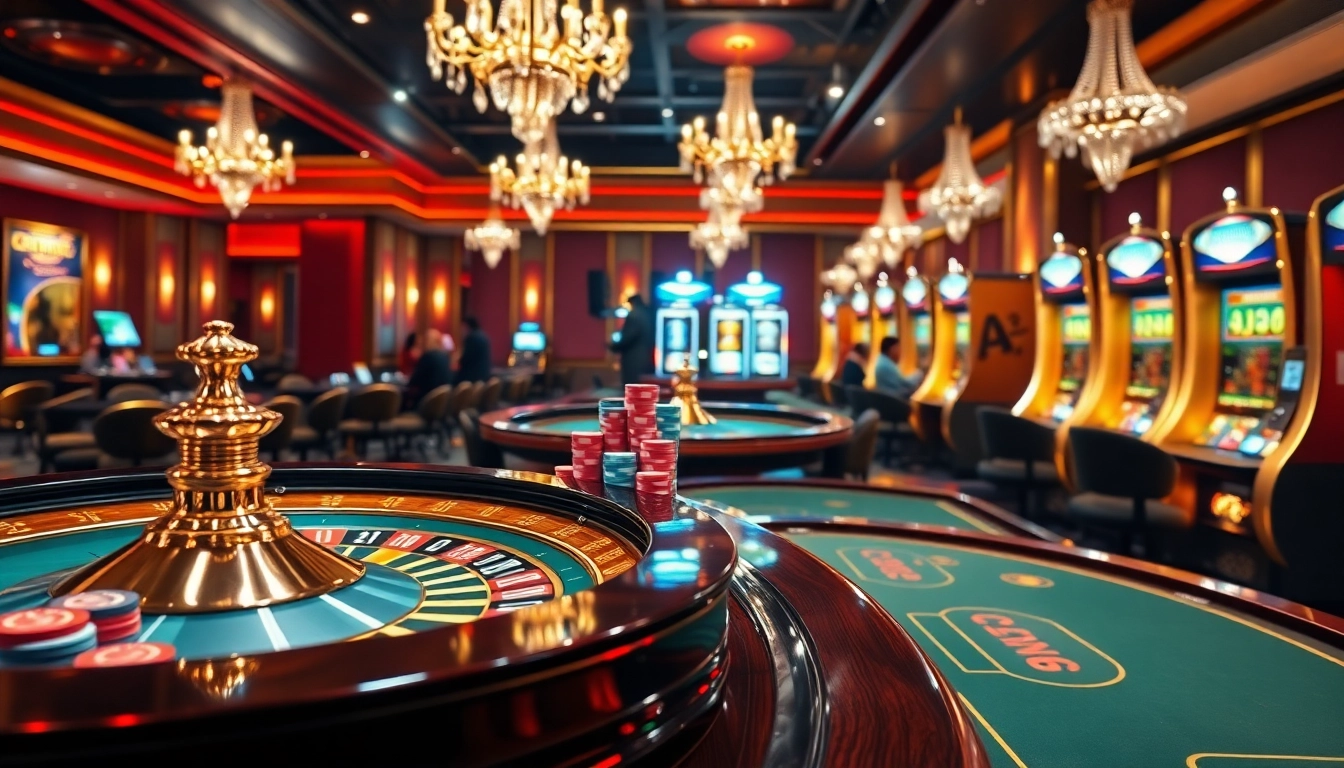 Exciting scene at meilleur casino en ligne france with roulette, poker tables, and engaging slot machines.