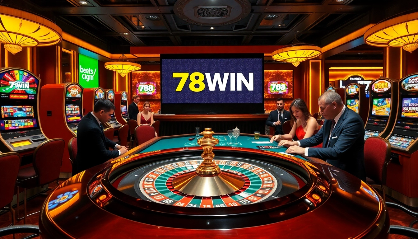 Excited gamblers play at the 78WIN casino, featuring roulette and poker tables in a luxurious setting.