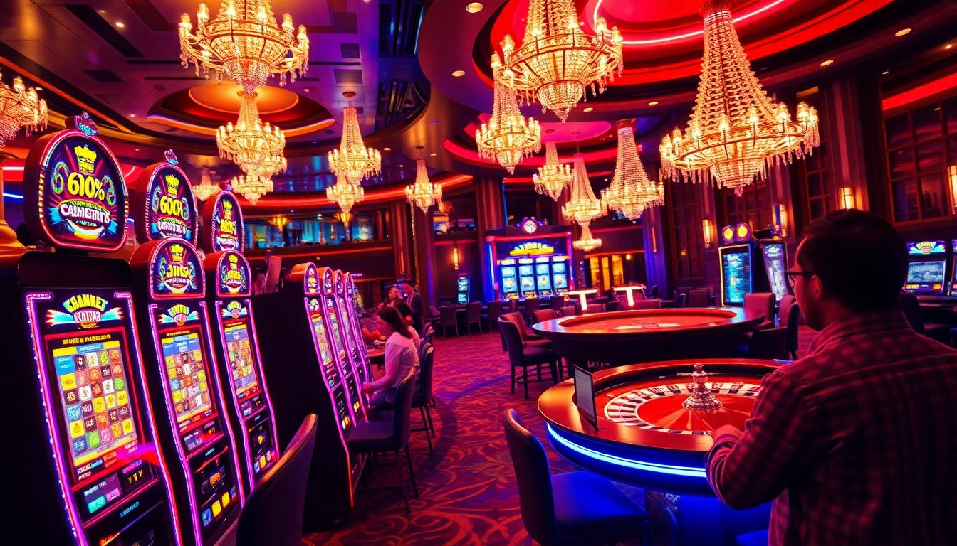Visually engaging casino en ligne experience with players enjoying slot machines in a vibrant setting.