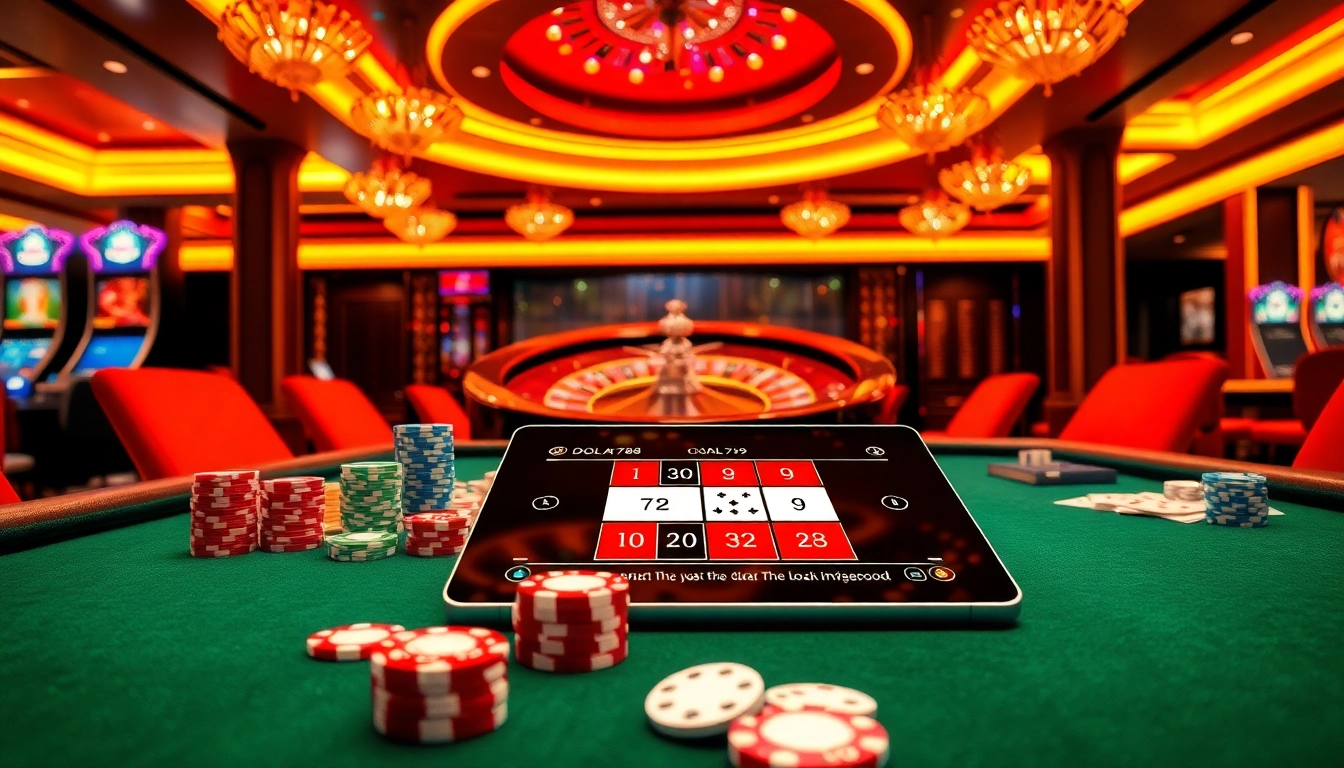 DOLA789 casino scene with poker chips, roulette wheel, and slot machines creating an exciting gambling atmosphere.
