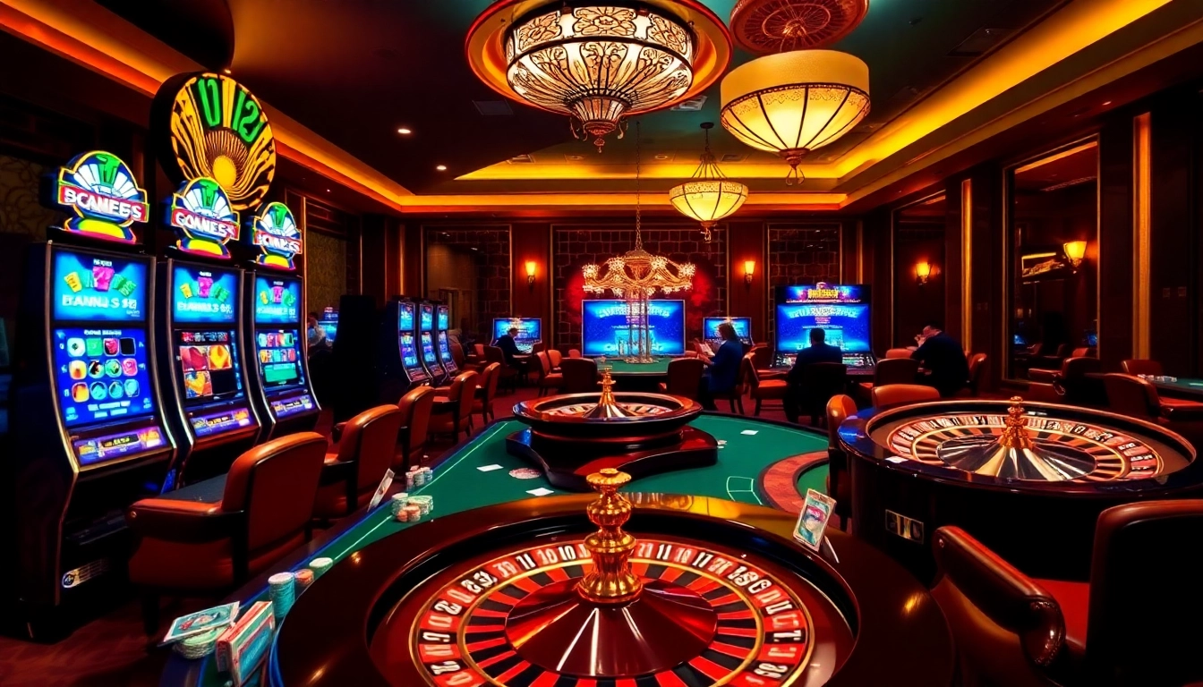 Engaged players at a casino avec bonus sans depot enjoying vibrant slot machines and roulette games.