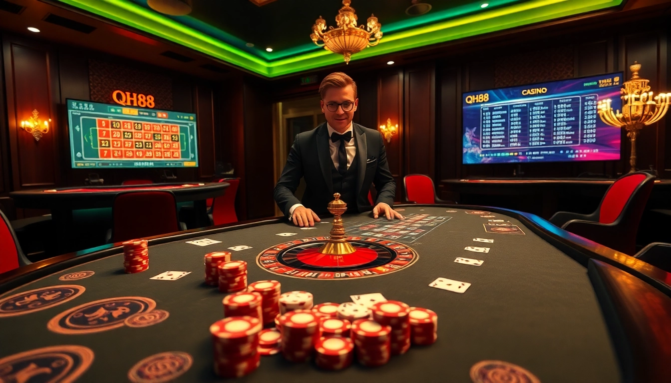 Experience the thrill of qh88 with vibrant casino tables, chips, and engaging players.