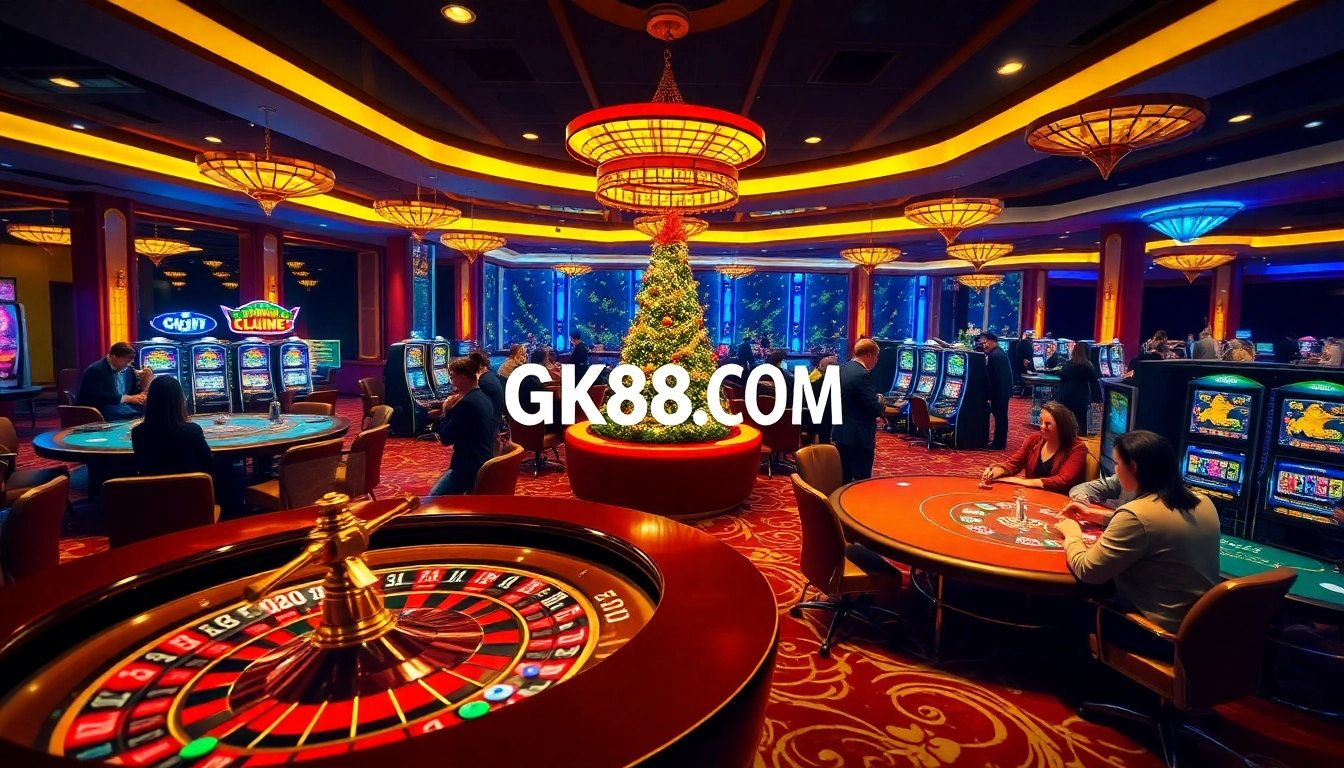 Players enjoying dynamic games at GK88.COM online casino with festive ambiance.