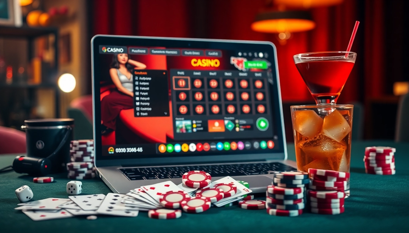 Jouer au meilleur casino en ligne avec une interface captivante entourée de jetons et cartes.
