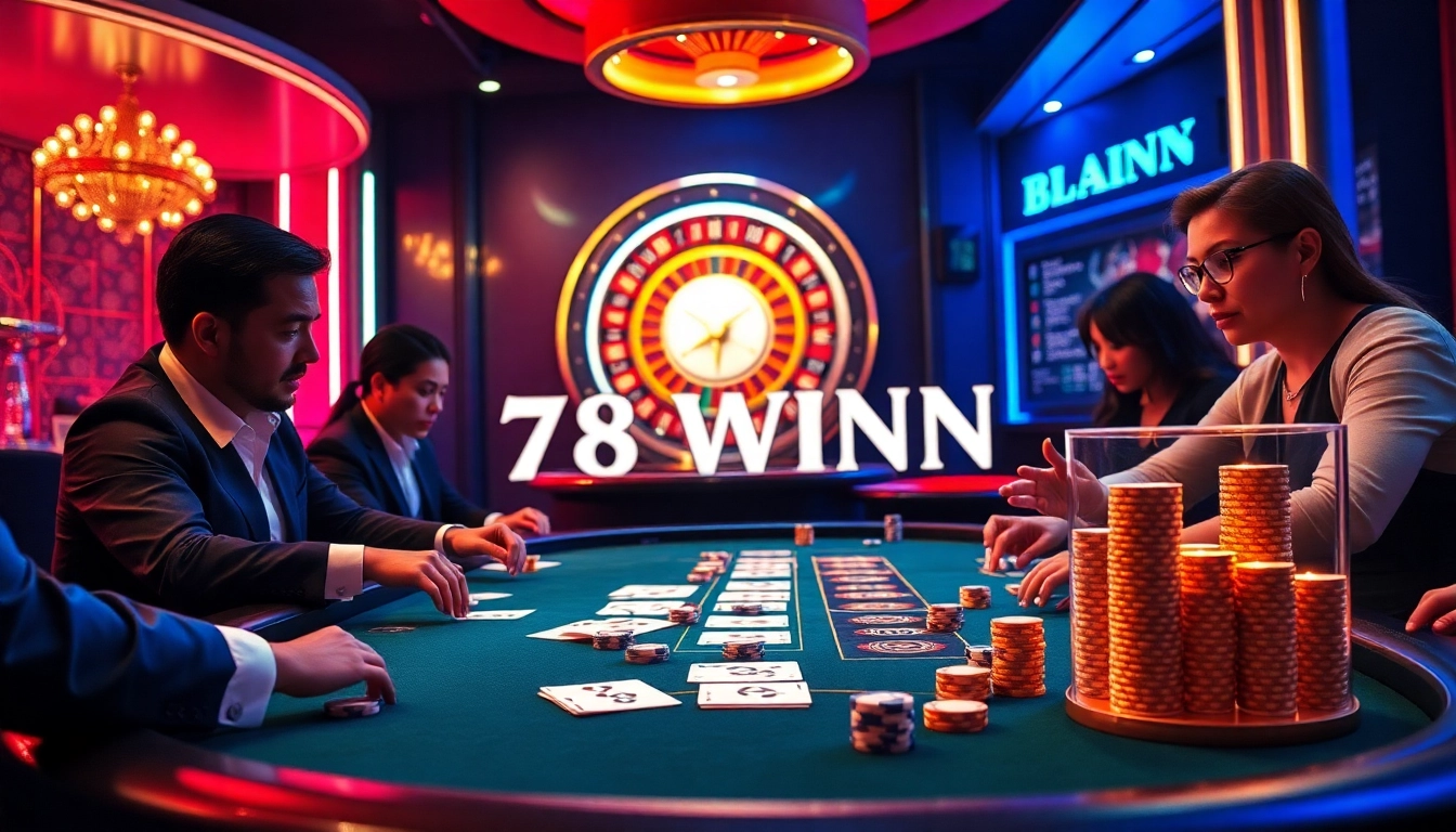 Engaging scene of players at a luxurious 78WIN casino table with poker chips and cards.