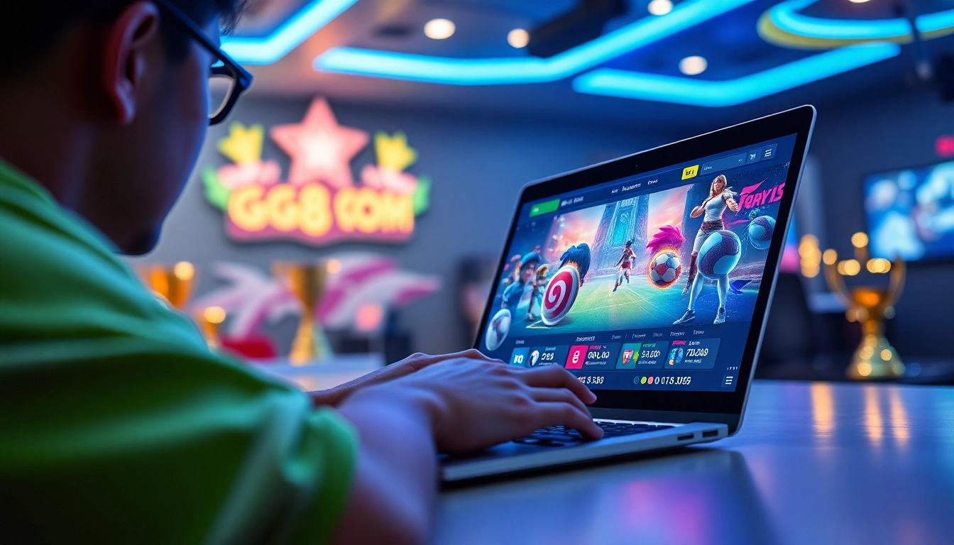Explore an engaging online gaming interface of GG88 COM with vibrant colors and dynamic lighting.