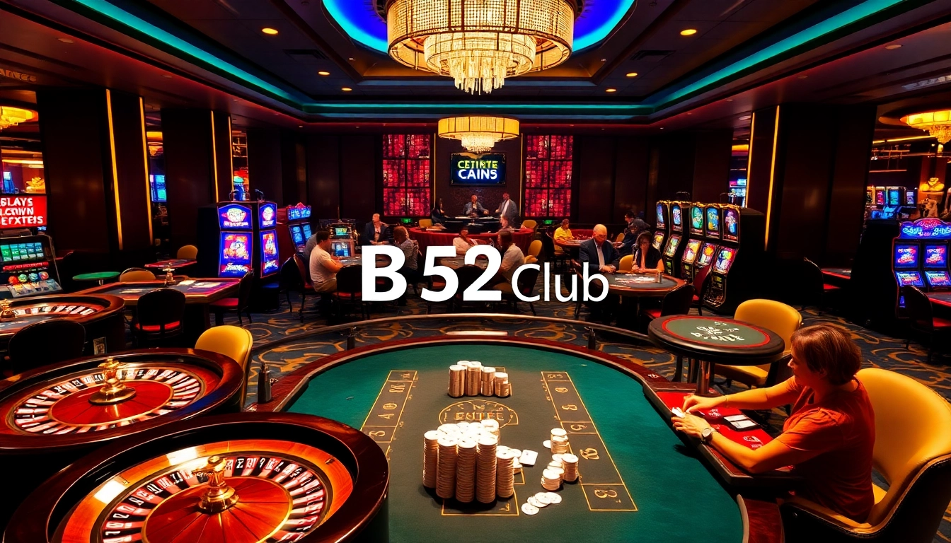 B52 Club showcases vibrant casino excitement with poker tables, roulette wheels, and slot machines.