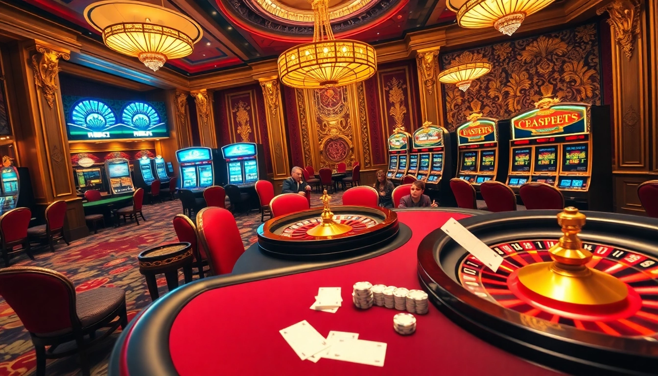 Experience the excitement of u 888 with players at a high-stakes poker table and roulette wheel.