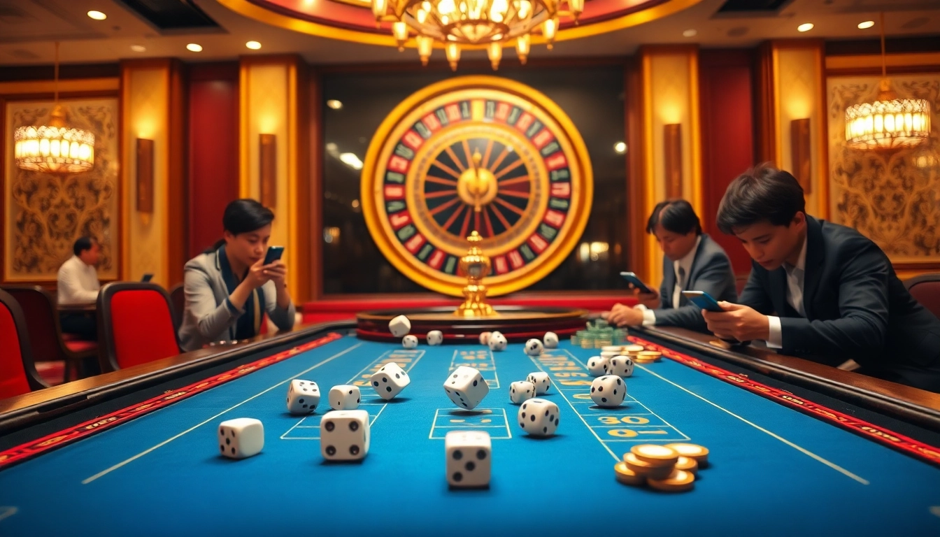 Exciting players engaging in a tài xỉu online game at a luxurious virtual casino.