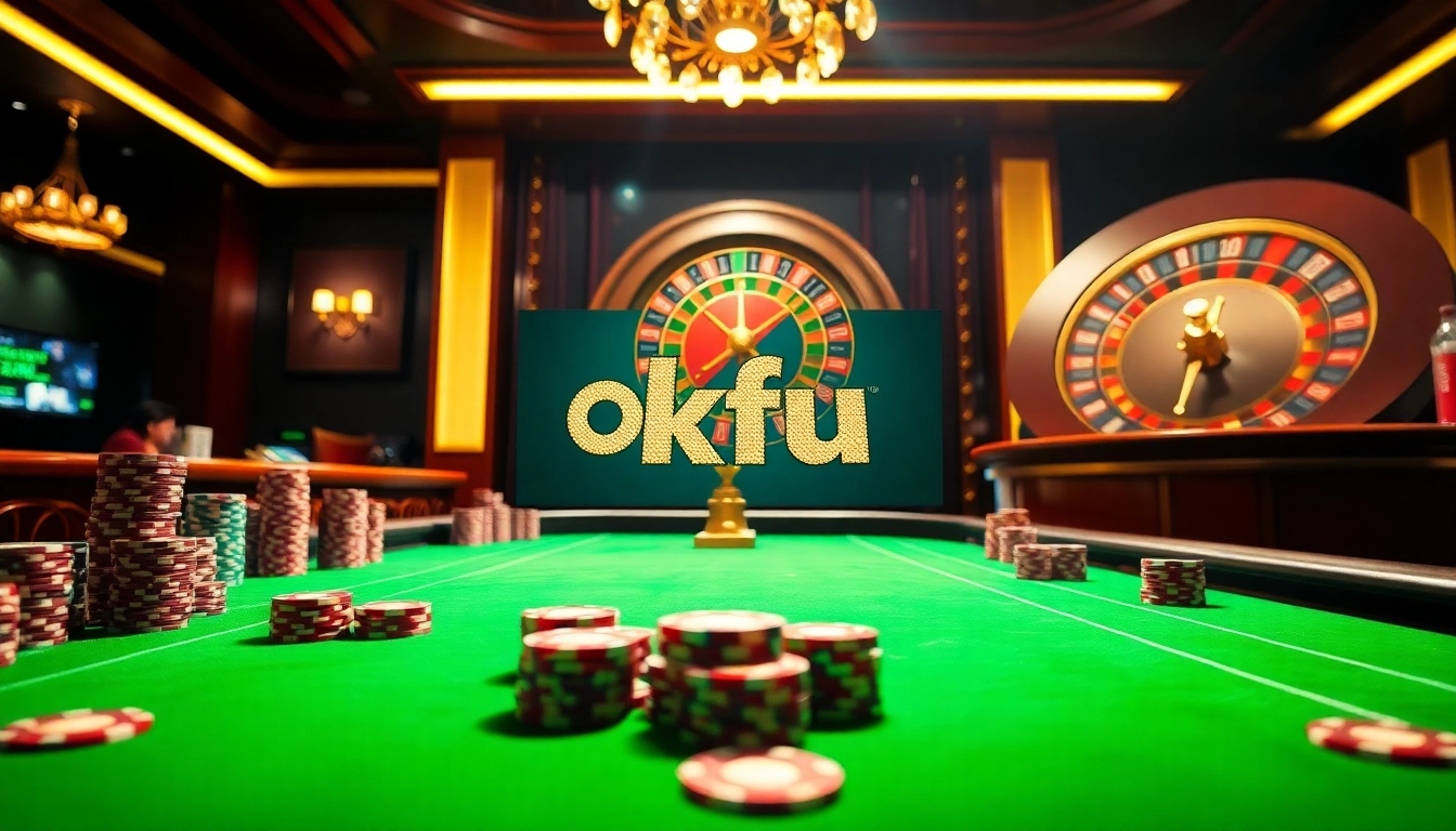 Okfun casino scene featuring poker chips and a vibrant roulette wheel, capturing gambling excitement.