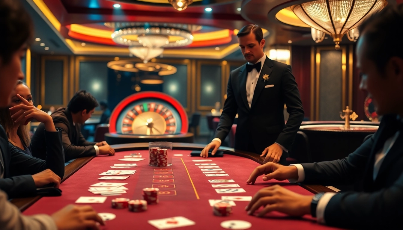 Engage with thrilling FLY88 gambling action at an upscale casino poker table with vibrant chips and cards.