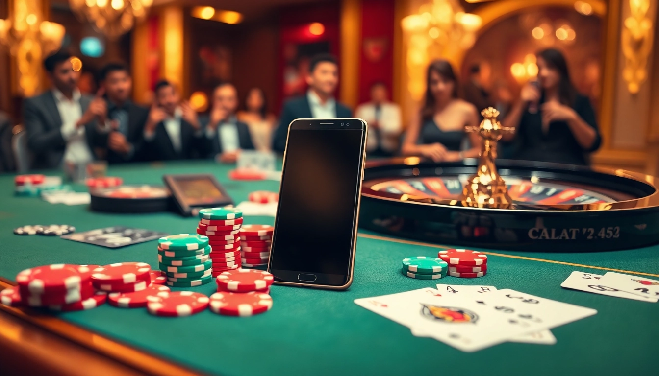 Engaging S8 smartphone on a casino table with poker chips and playing cards.