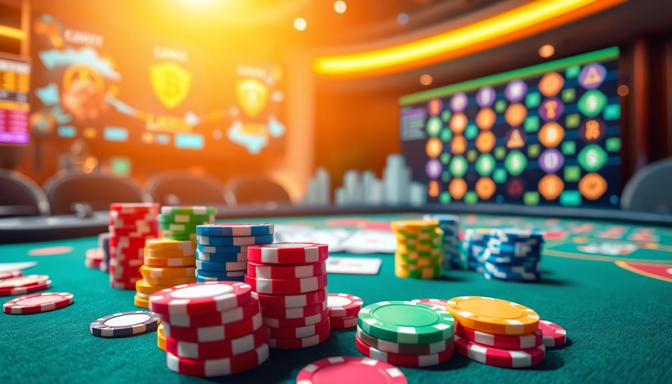 Plongez dans l'excitation des jeux de casino en ligne crypto avec des jetons colorés et des cartes.