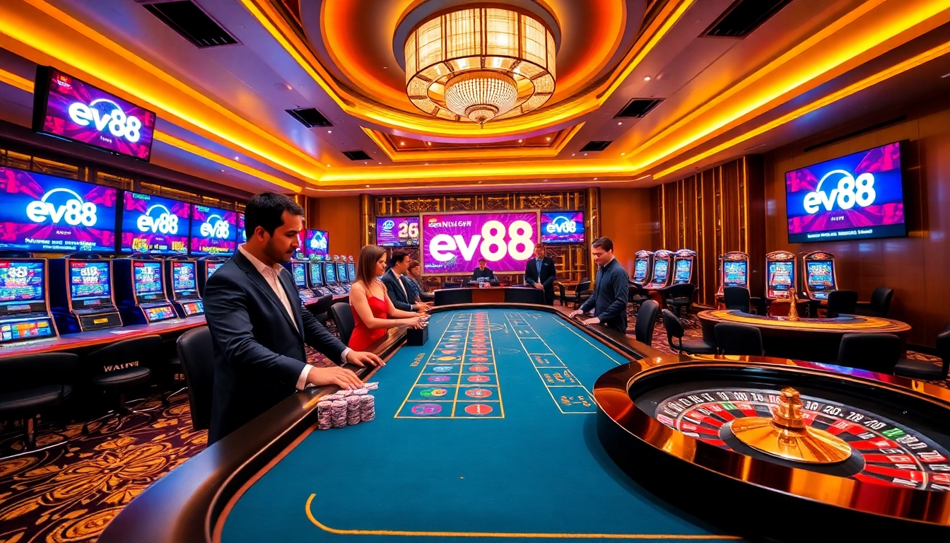 Experience the thrill at ev88 casino's gaming table with vibrant poker chips and roulette.