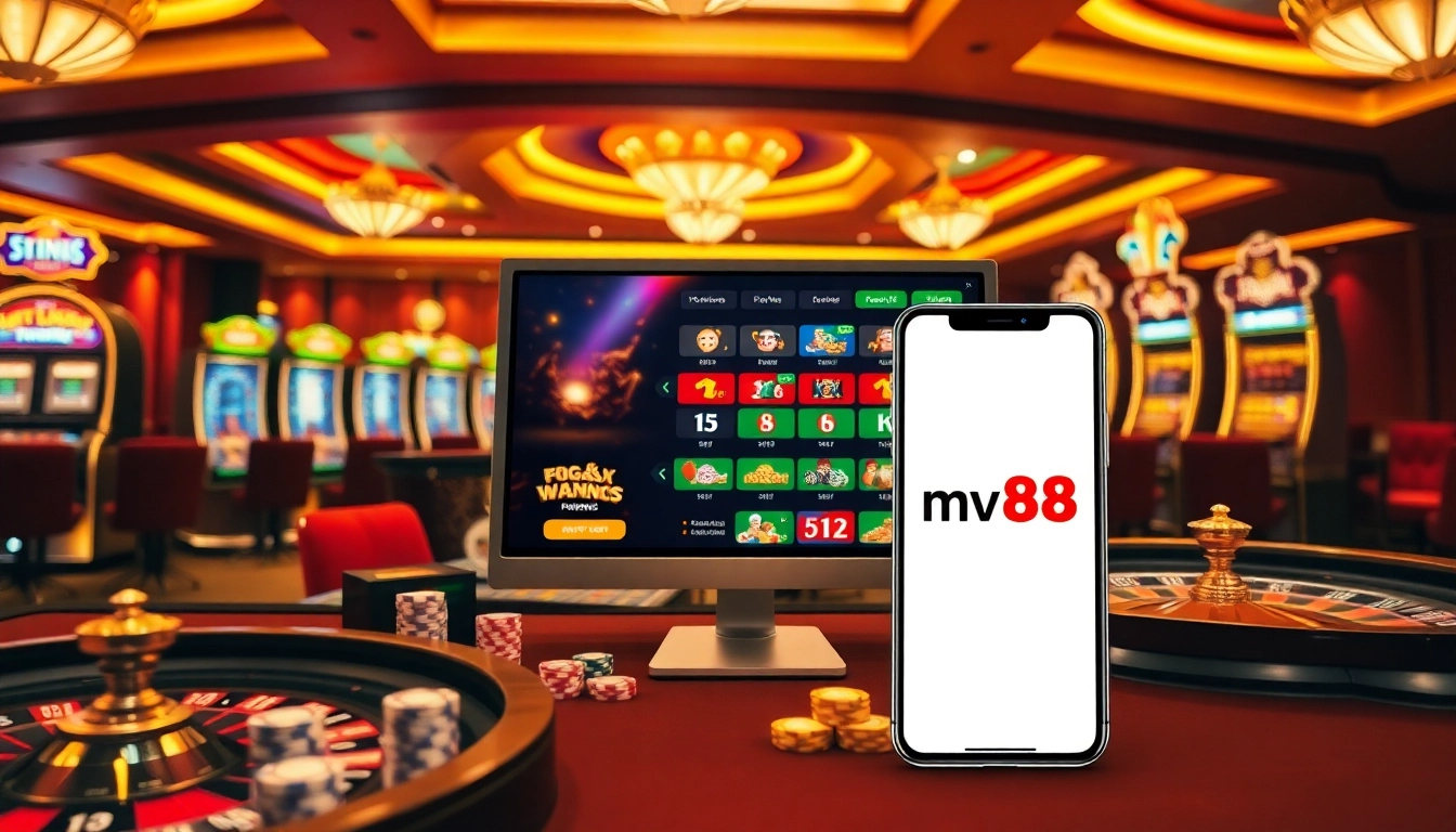 Experience the thrill of mv88 with an engaging online gambling scene featuring casino tables and slot machines.
