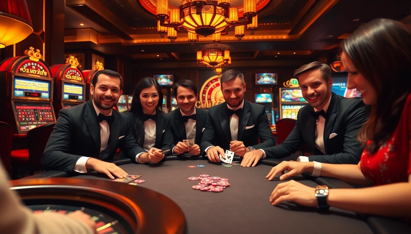 Engaging scene of excited players enjoying Bk33 club poker at a luxurious casino table.