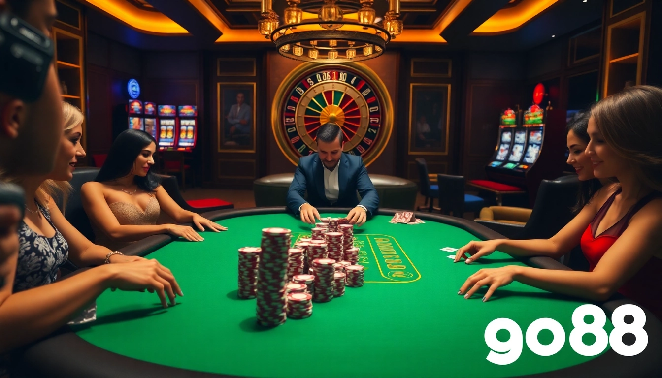 Experience the excitement of go88's luxurious casino gaming environment with poker and roulette.