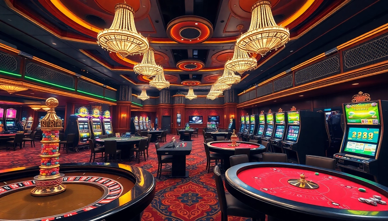 A thrilling casino scene showcasing poker tables, roulette, and slot machines related to https://dn88.bio/.