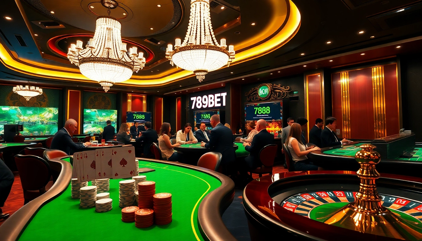 Experience the thrill of 789BET with vibrant casino games, showcasing poker chips and roulette wheels.