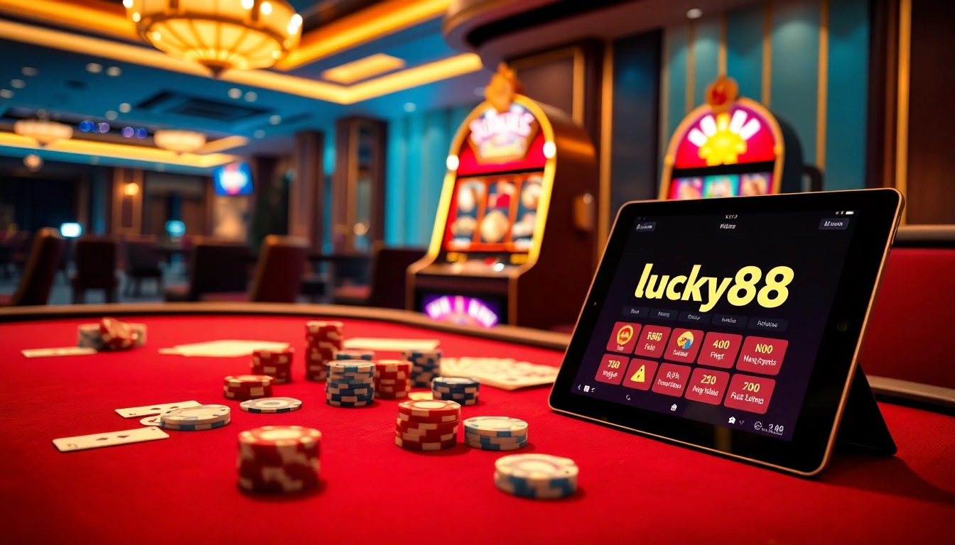 Engaging scene of 'lucky88 đăng nhập' displayed on a tablet within a luxurious casino gaming environment.