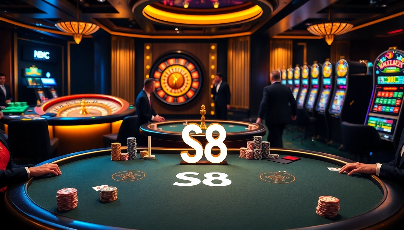 Experience luxury gaming with the S8 symbol on a poker table surrounded by players and vibrant casino elements.