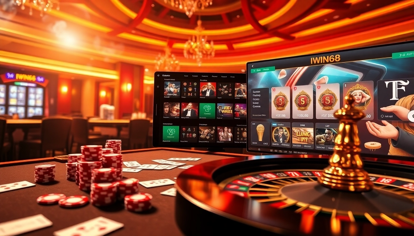 IWIN68 offers an exciting casino experience with vibrant gaming elements like roulette, chips, and online features.