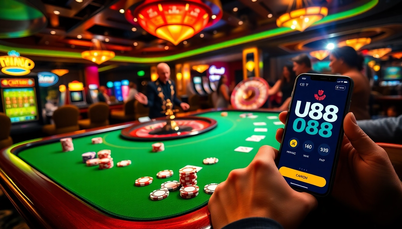 Engaging players at U 888 with vibrant casino tables and roulette wheel action.