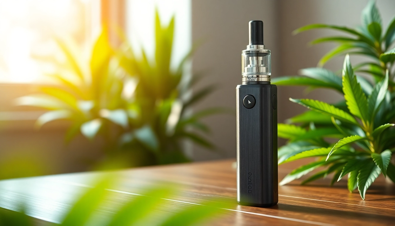 Buy DMT vape online featuring a stylish vape pen on a wooden table amidst greenery.