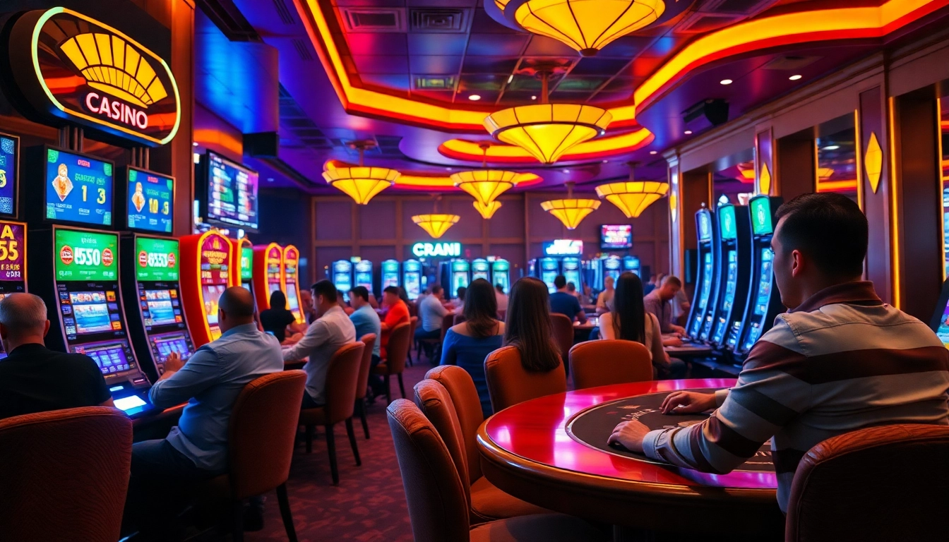 Jouer dans un casino crypto animé avec des lumières vives et des joueurs engagés.