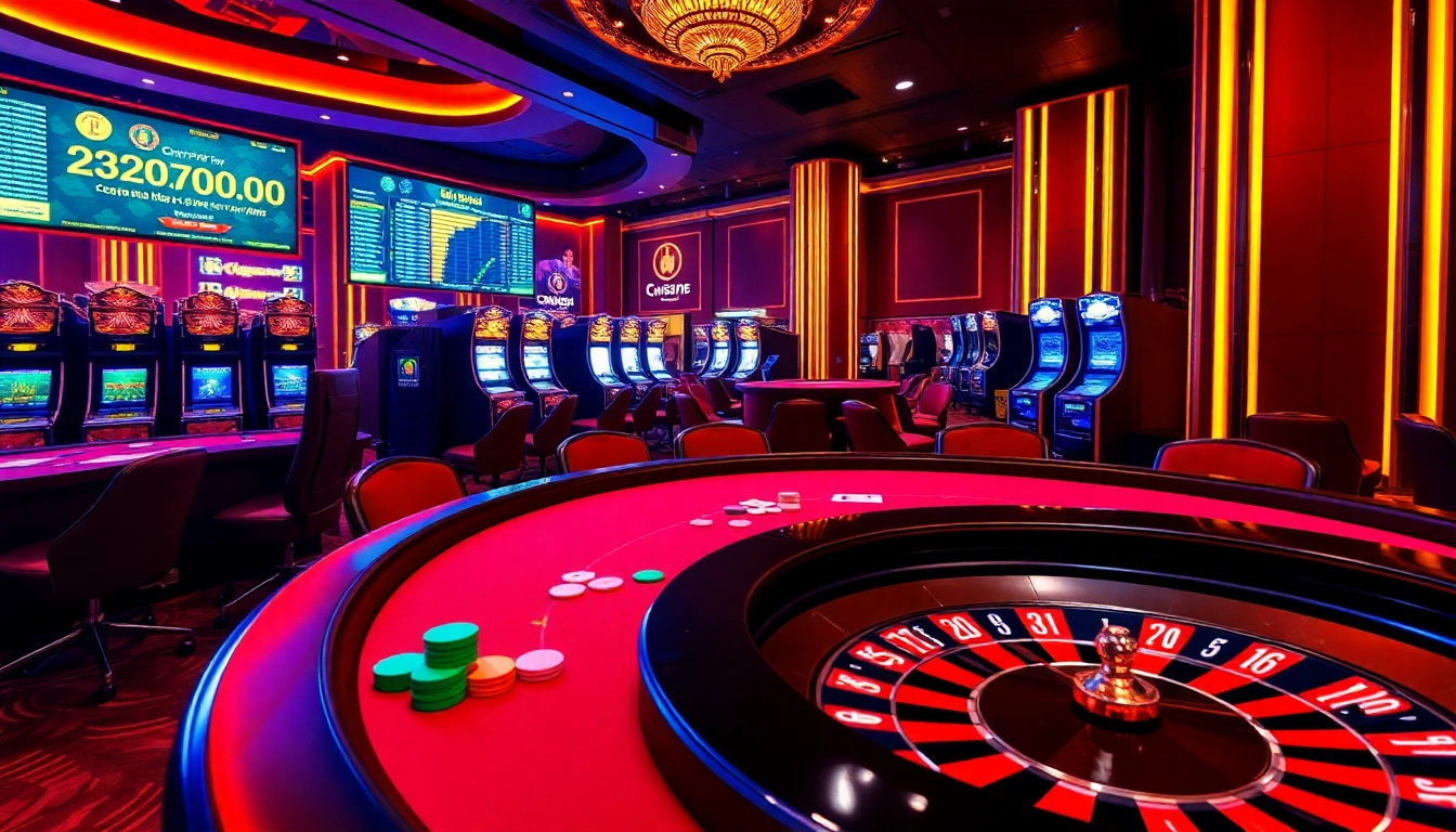 Experience the excitement of playing in a casino crypto environment with vibrant poker tables and roulette wheels.