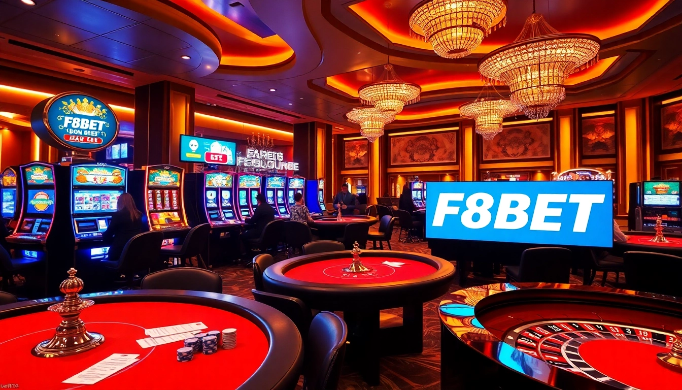 F8BET players engaging in thrilling casino games with vibrant visuals and exciting ambiance.
