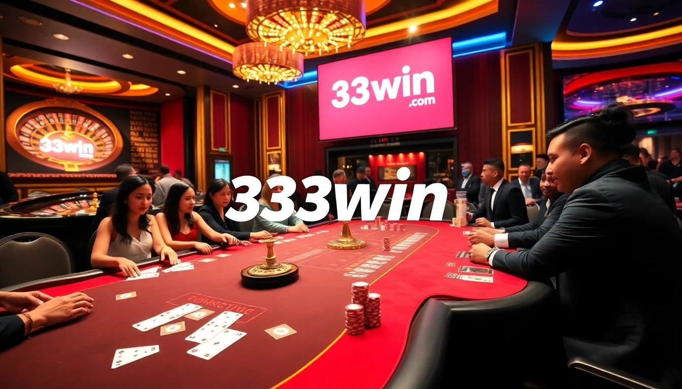 A thrilling poker game at 33win com with vibrant tables and excited players.