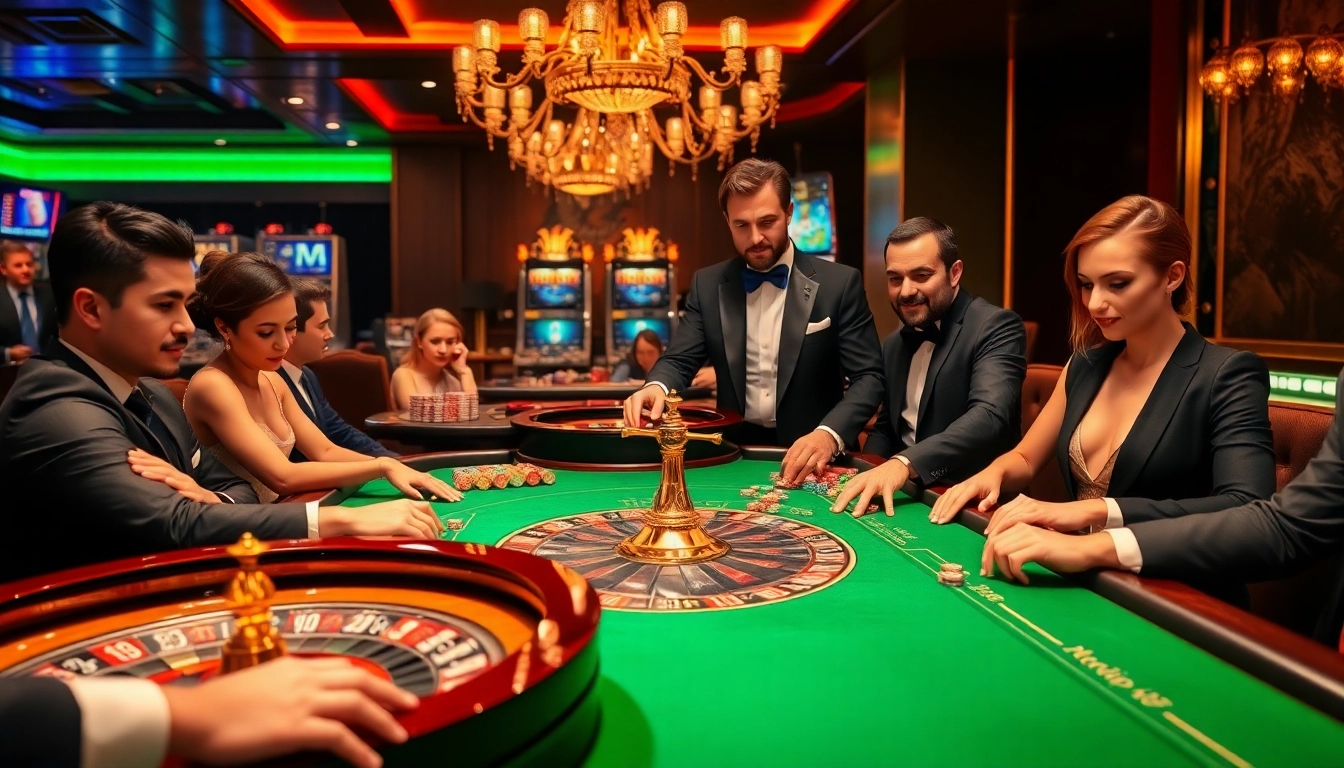 Players engage in thrilling bets at a luxury casino table, capturing the excitement of rikvip gaming.