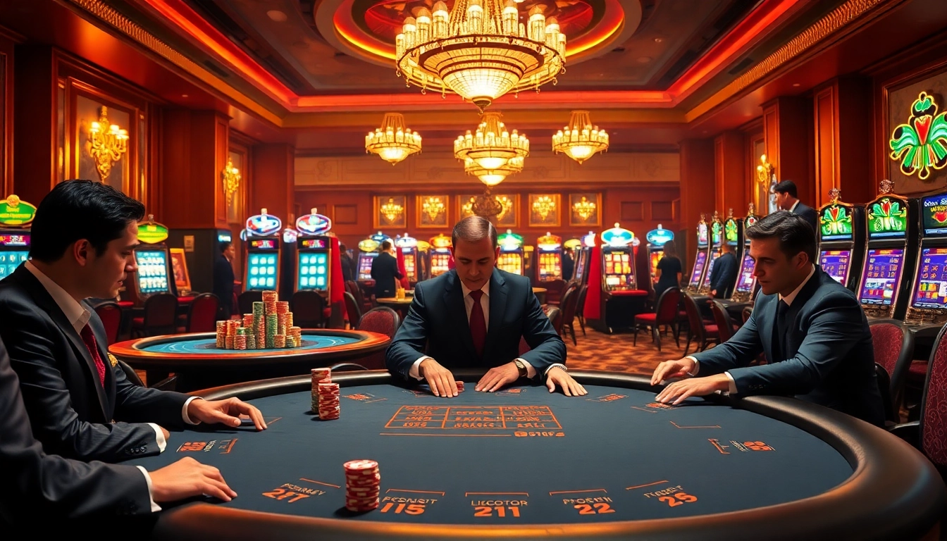Exciting casino scene featuring poker gameplay and vibrant slot machines, related to https://c168seo.com/.