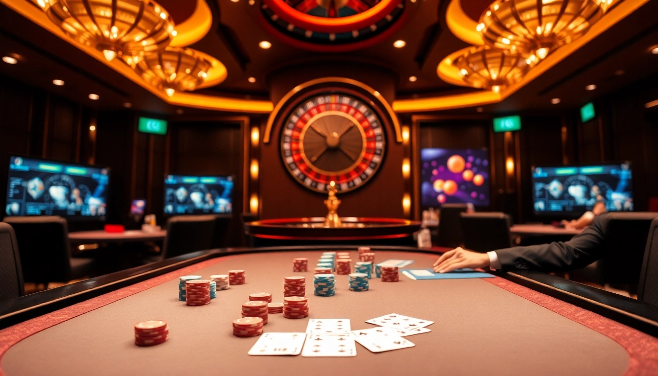 Experience the thrill of gambling at UU88 with a luxurious casino scene featuring poker tables and roulette wheels.