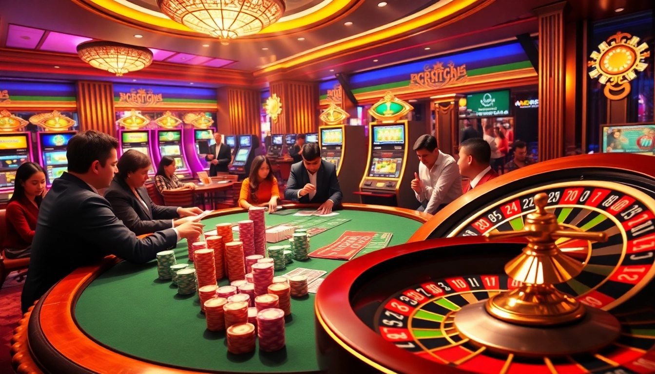 Experience the thrill of betting at https://lc88m.com/ featuring vibrant poker tables and glowing slot machines.