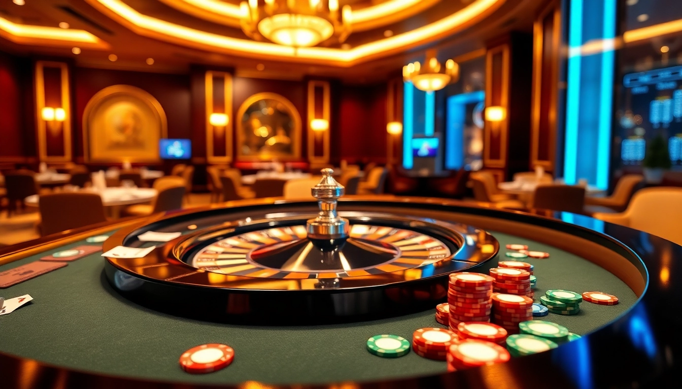 Jouer au casino en ligne avec une roulette élégante et des jetons colorés sur une table brillante.