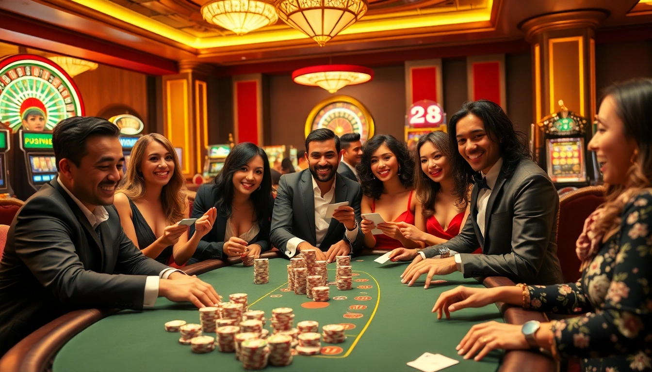 Experience the thrill of poker at 28bet with vibrant casino tables and excited players.