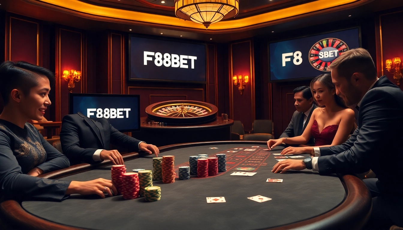 Exciting poker action at F8BET casino with players and chips in a luxurious setting.